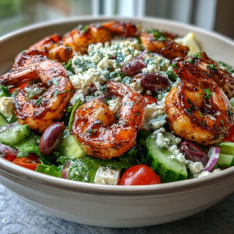 Colorful Greek Shrimp Bowl features juicy shrimp, briny Kalamata olives, and a zesty lemon-olive oil dressing.