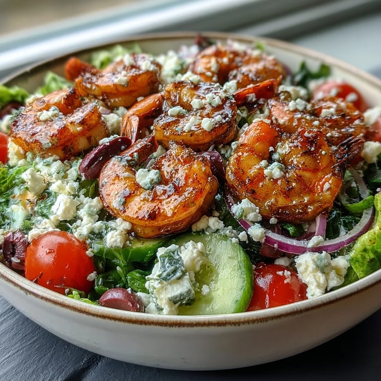 A close-up of a finished Greek Shrimp Bowl, mixing greens, diced vegetables, and a drizzle of dressing.