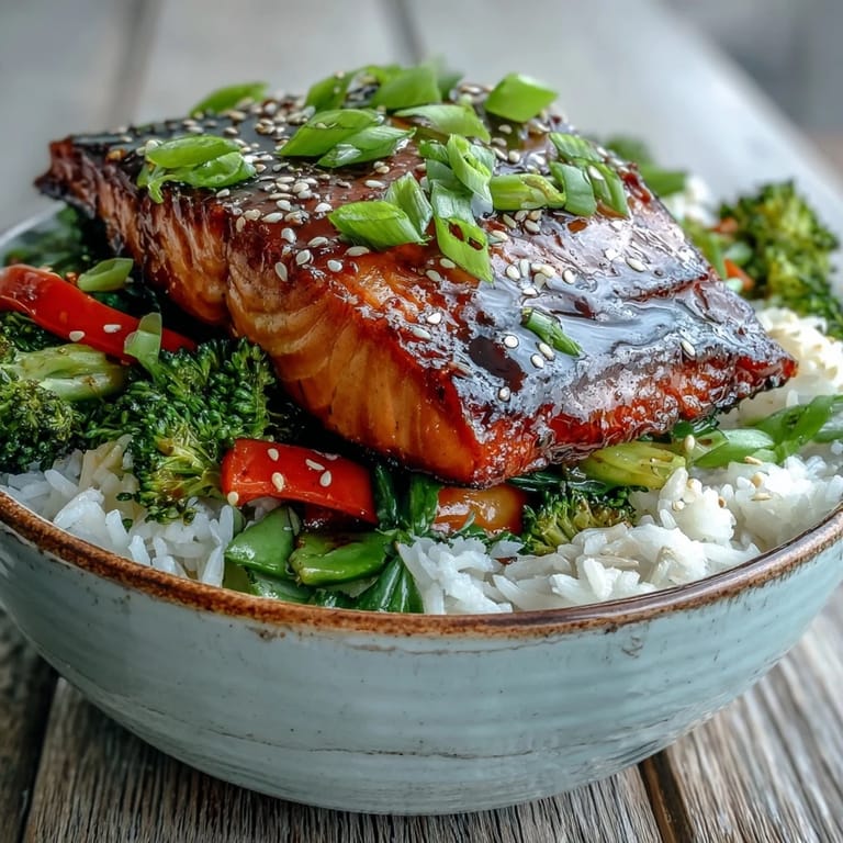 Close-up of a Teriyaki Salmon Bowl, featuring tender salmon fillet with sesame seeds and bright veggies.