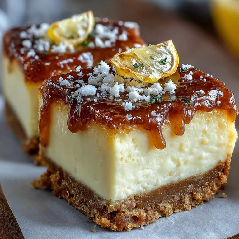 Elegant limoncello cheesecake squares with creamy citrus filling and crisp graham cracker base, garnished with candied lemon slices.