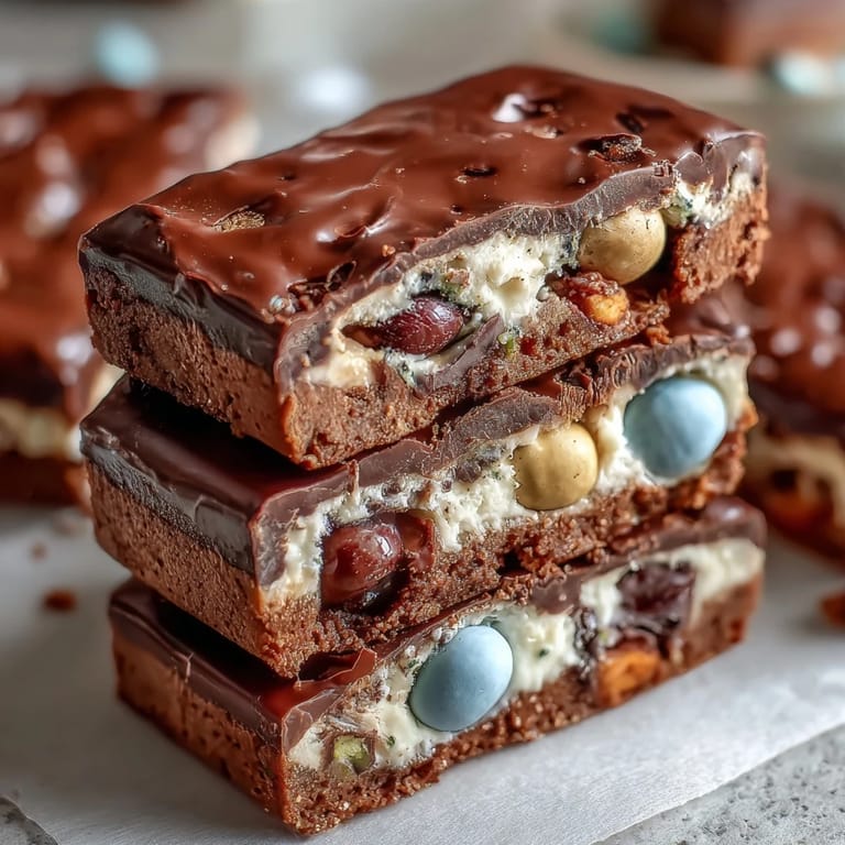 Chewy cookie bars packed with Cadbury mini eggs and pastel M&Ms, perfect for spring celebrations.