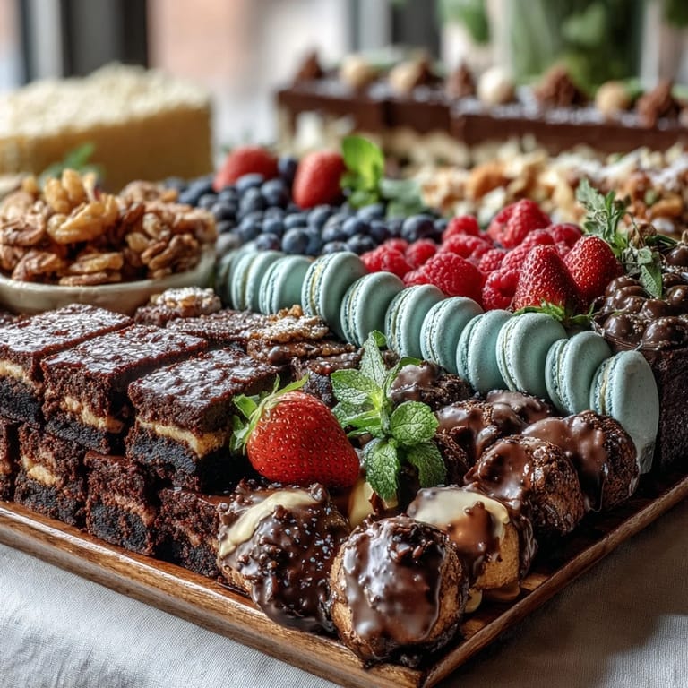 Elegant dessert spread with macarons, truffles, and fresh berries arranged around cake slices on a wooden board.