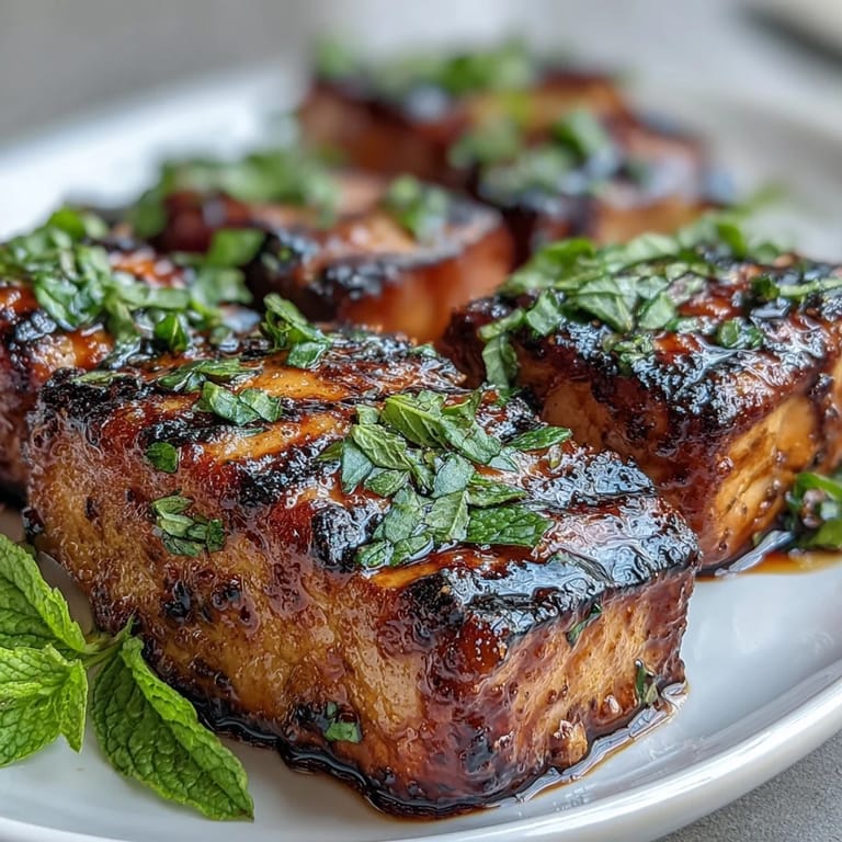 Colorful grilled watermelon cubes topped with tangy feta and fresh mint leaves for a summer treat.