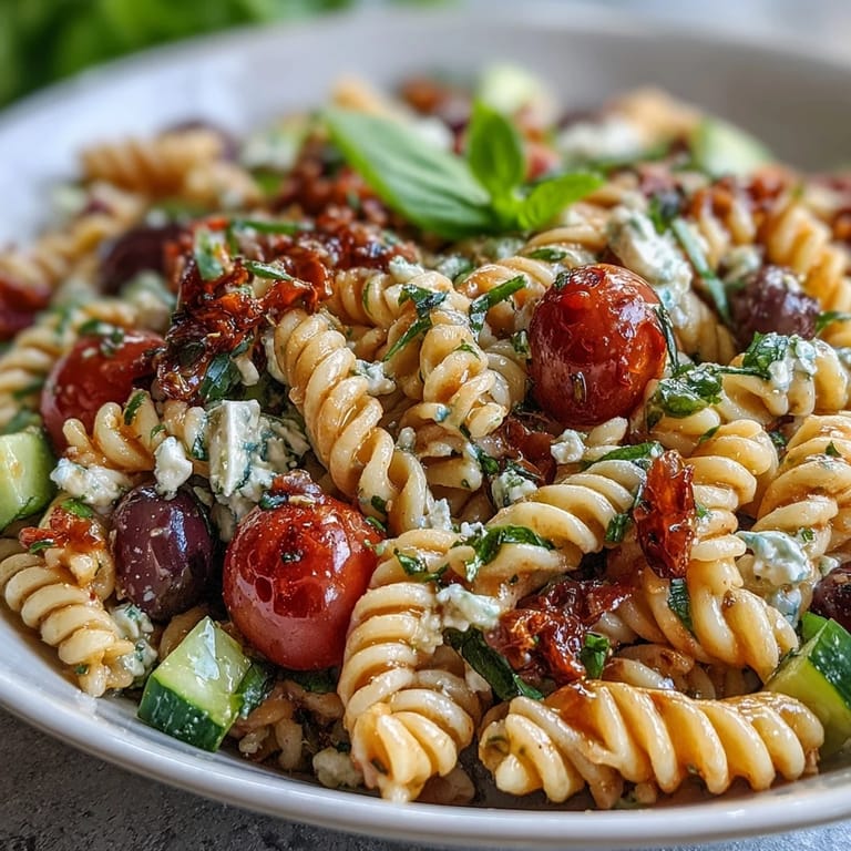 Refreshing pasta salad with crisp veggies and tangy Italian dressing, ideal for warm-weather dining.
