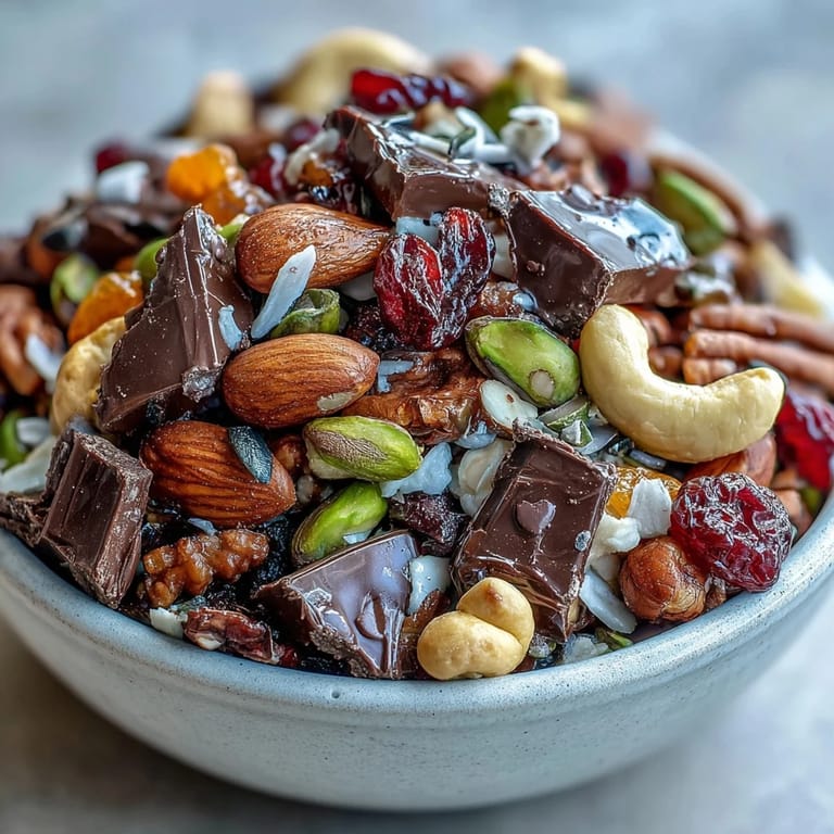 A colorful bowl of homemade trail mix featuring dried apricots, cranberries, and rich dark chocolate for a sweet-savory treat.