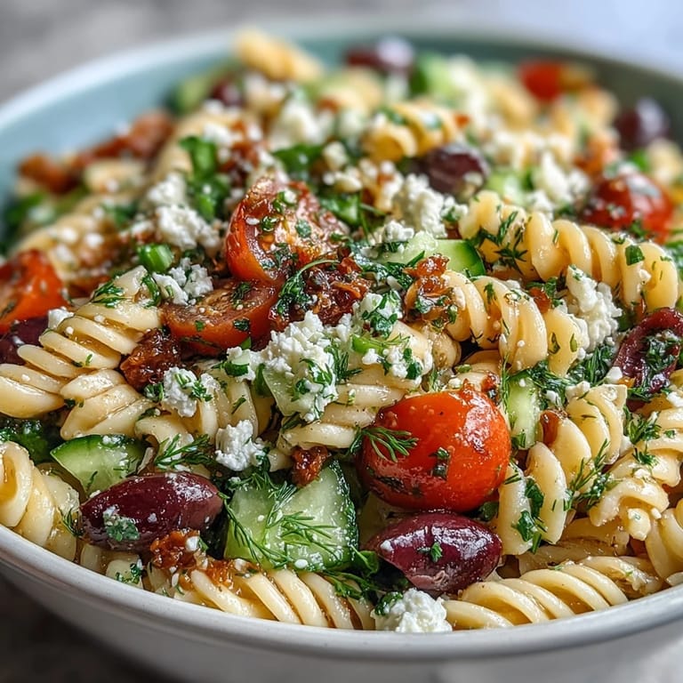Refreshing summer pasta salad featuring tomatoes, cucumbers, and feta in a tangy Greek dressing.  