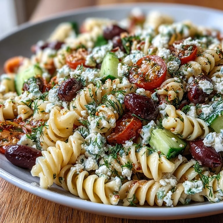 Vibrant Greek pasta salad with al dente noodles, fresh herbs, and Kalamata olives.
