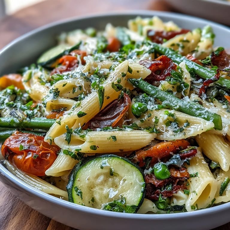 Vibrant penne pasta primavera tossed with crisp asparagus, zucchini, and cherry tomatoes.