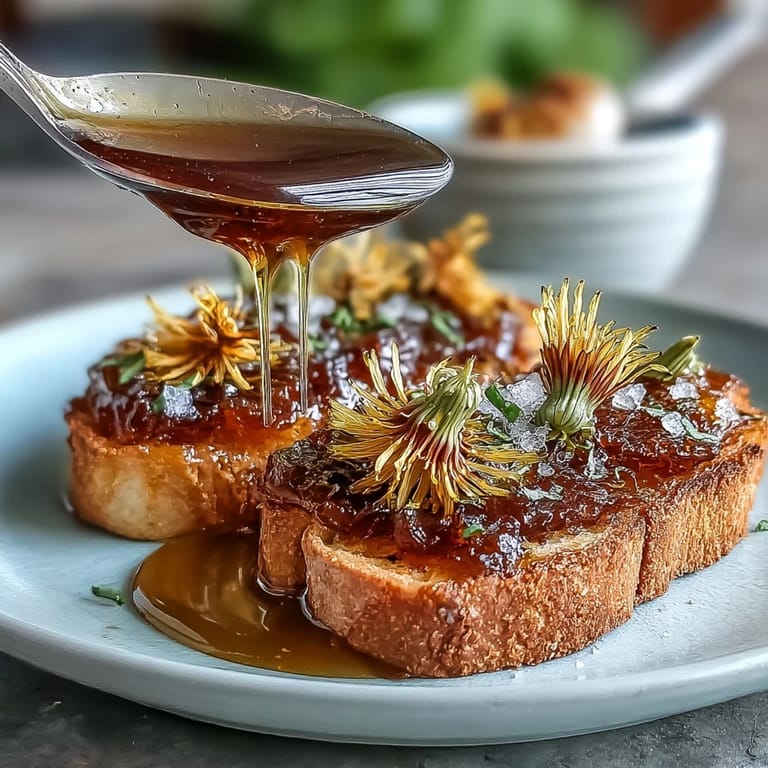 Golden dandelion jelly in a jar, naturally sweet and floral, great for topping scones or desserts.