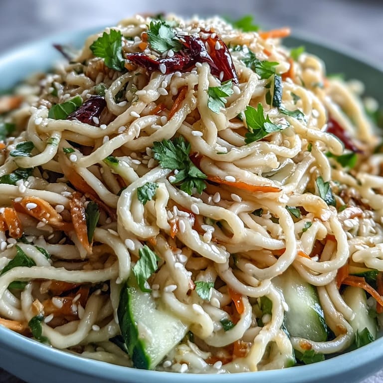 Creamy sesame sauce drizzled over chilled noodles, crisp cucumber, and colorful carrots in a bowl.  