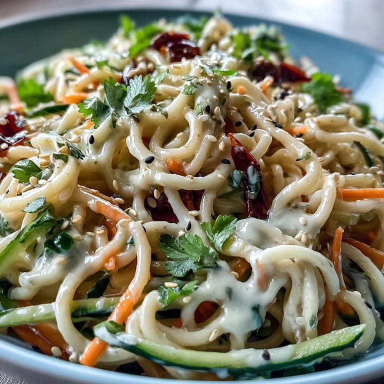 Refreshing cold sesame noodle bowl with cucumber, garnished with cilantro, sesame seeds, and lime wedges.