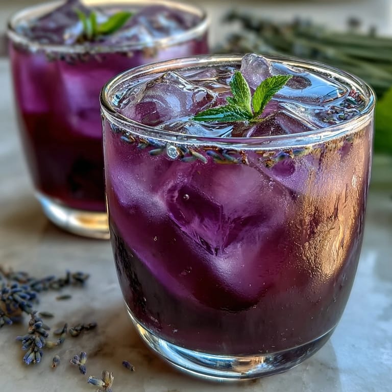Vibrant Purple Rain Lavender Lemonade Refresher with soothing floral notes, served over ice and garnished with lemon slices and fresh mint for a cool summer drink.