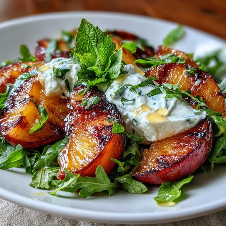 Sweet grilled peaches paired with burrata cheese and fresh greens, finished with honey and basil.  