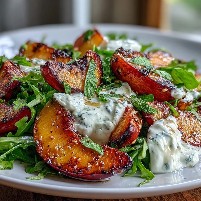Warm grilled peaches, burrata, and arugula salad with honey and balsamic for a Mediterranean touch.