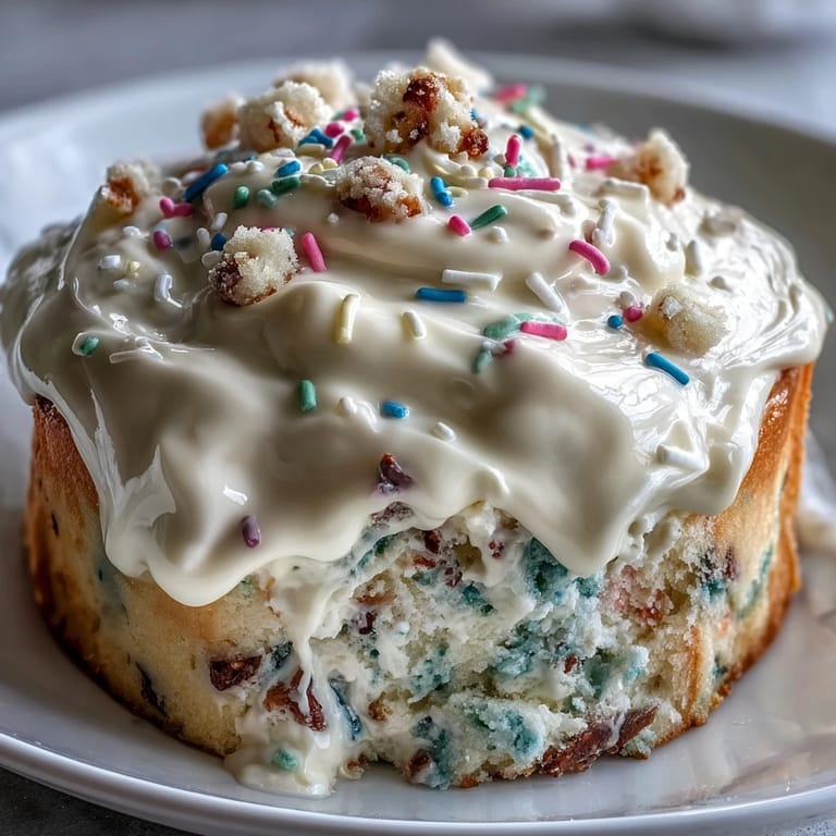 Layered funfetti cake topped with rich, colorful funfetti dip and cheerful sprinkles for festive spring celebrations.  