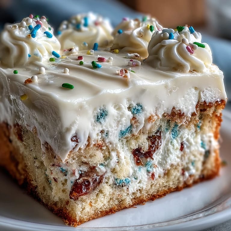 Festive funfetti birthday cake featuring creamy dip frosting, rainbow sprinkles, and a joyful, party-ready appearance.