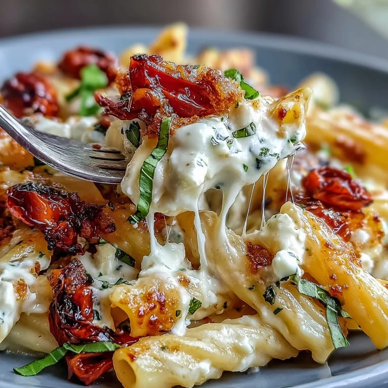 Roasted feta and bursting cherry tomatoes create a luscious sauce for al dente pasta, garnished with fresh basil.  