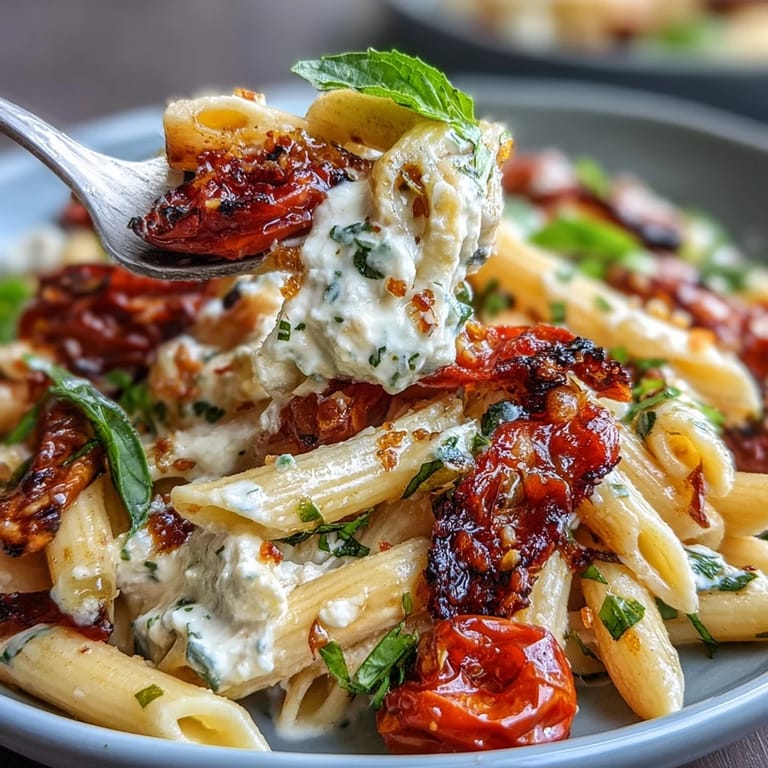 Easy baked feta pasta dish featuring soft cheese, juicy tomatoes, and aromatic basil for a comforting vegetarian meal.