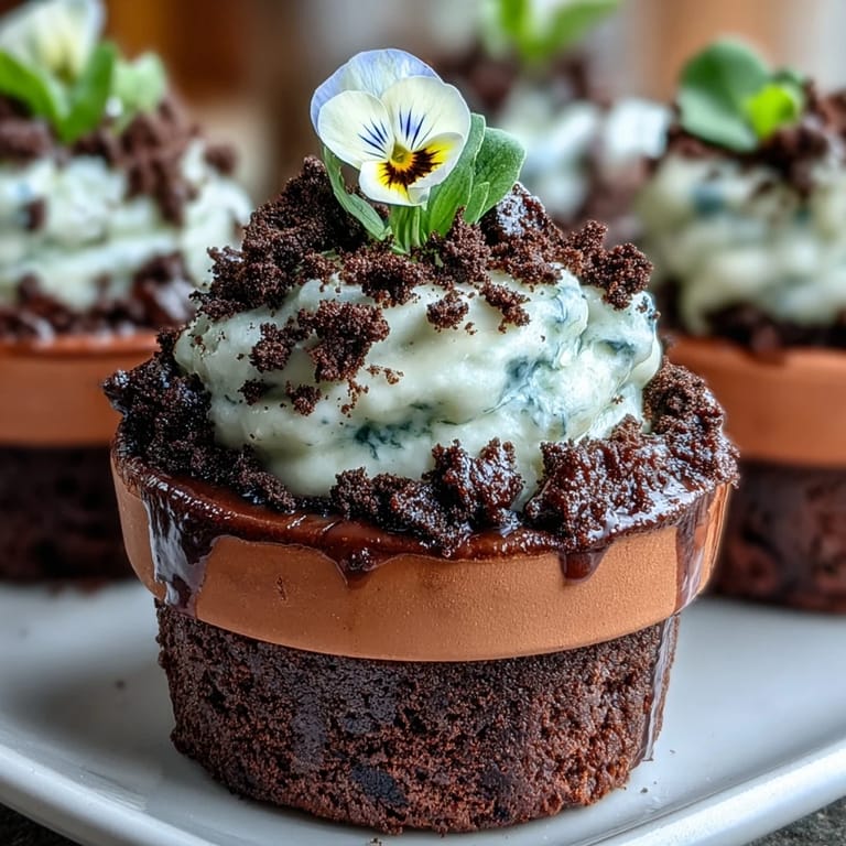 Rich chocolate brownies layered with fluffy whipped cream and crunchy Oreo crumbs, decorated with edible flowers in mini flower pots.