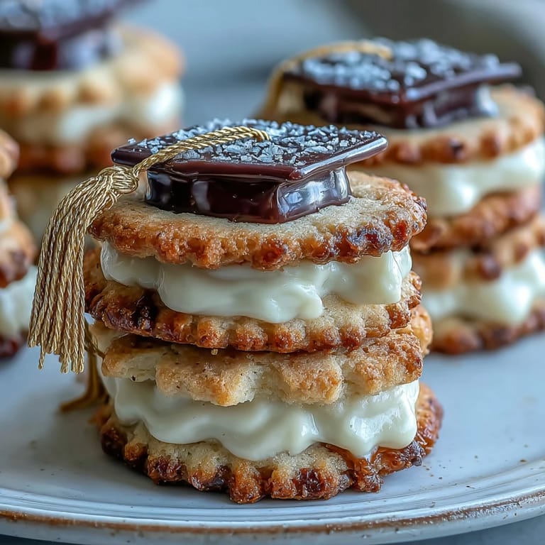 Buttery sugar cookies shaped like diplomas and caps, hand-painted with edible gold accents and royal icing details.