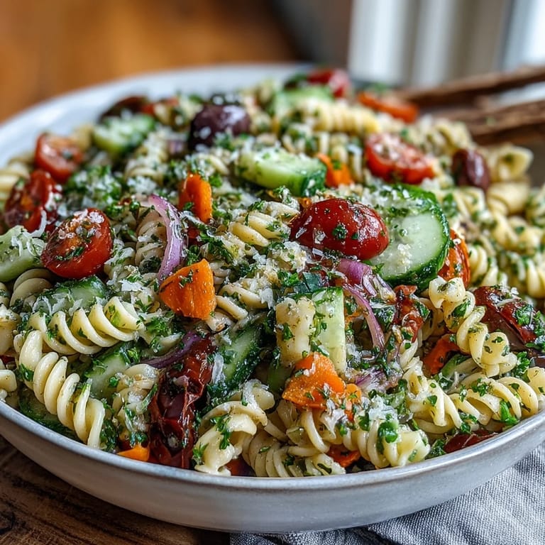 Vibrant pasta salad with Italian dressing and fresh vegetables, showcasing tri-color rotini, crisp cucumbers, red onions, and parsley for a refreshing side dish.