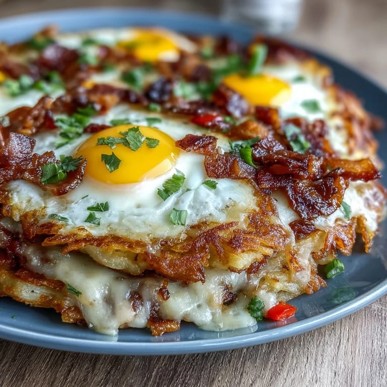 Hearty Father's Day breakfast skillet featuring golden hash browns and savory toppings.