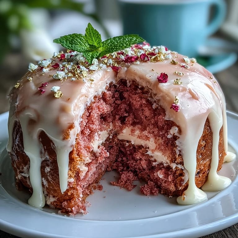 Decadent Rosé Velvet Cake with gold drip, perfect for a festive celebration.
