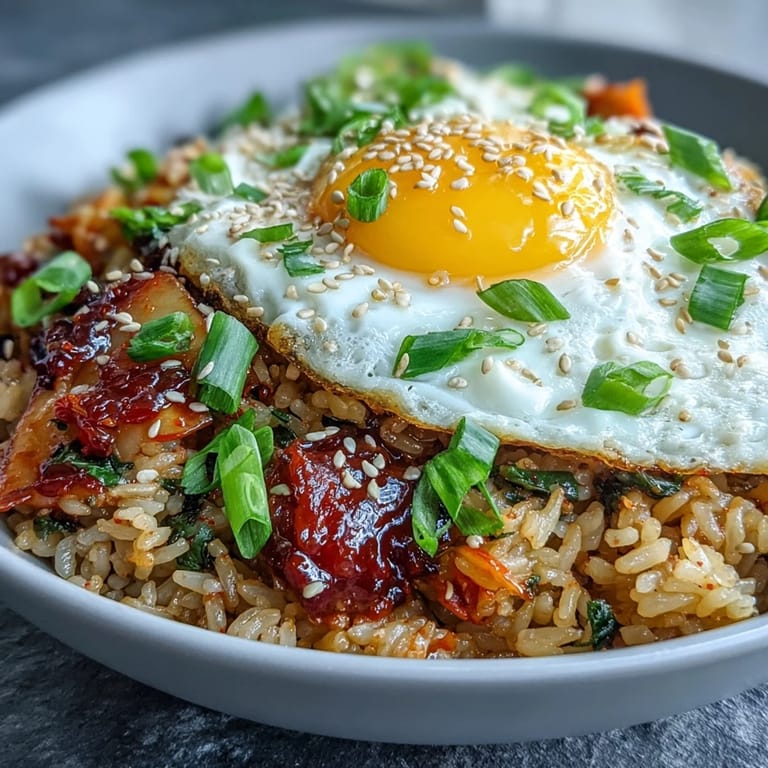 Glistening Kimchi Fried Rice Bowl, a delicious quick lunch topped with a perfectly cooked egg.
