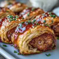 Golden, flaky Pepper Jelly Hogs in a Blanket with a glossy red glaze are arranged on a rustic wooden board.
