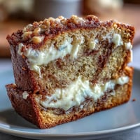 Freshly baked Cream Cheese Cinnamon Swirl Banana Bread sliced to show moist crumb and creamy filling, perfect for breakfast or brunch.