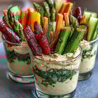 Portable snack cups filled with creamy hummus and colorful vegetable sticks for a fresh, healthy treat.
