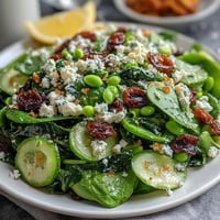 Bright lemon vinaigrette spring salad with radishes and peas in a large white bowl, showcasing vibrant greens, pink radishes, and golden dressing.