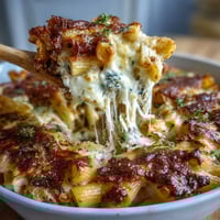 One-Pot Cheesy Pasta Bake with bubbling mozzarella and golden crust in a rustic Dutch oven.