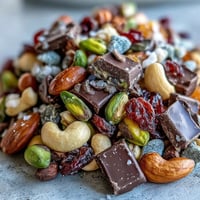 A vibrant mix of crunchy almonds, cashews, and dark chocolate chunks, perfect for a healthy snack on the go.