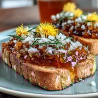 Bright yellow dandelion jelly in a clear glass jar, spreadable and floral, perfect for toast or biscuits.