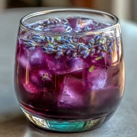 A refreshing glass of Purple Rain Lavender Lemonade Refresher, vibrant purple hue and citrusy aroma, garnished with fresh lavender and lemon slices.