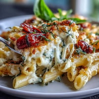 Creamy baked feta pasta with cherry tomatoes and basil, golden cheese melting into a vibrant tomato sauce.  