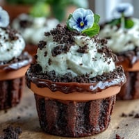 Whimsical Mother's Day flower pot brownies topped with crushed Oreo dirt and edible blooms, perfect for a garden-themed dessert.