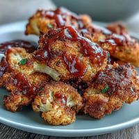 Golden vegan BBQ cauliflower wings are piled high next to creamy ranch.